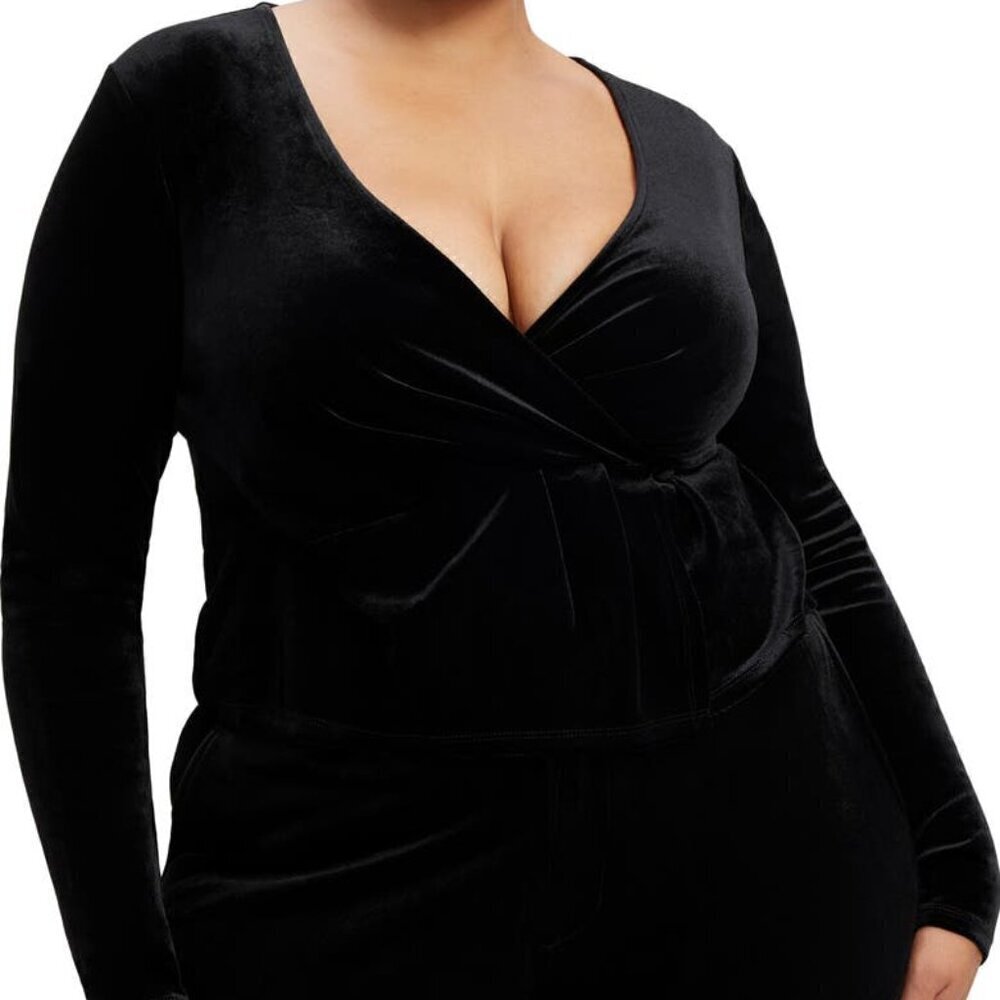 Good American Womens Black Velvet Wrap Front V Neck Long Sleeve Top Blouse- 2XL